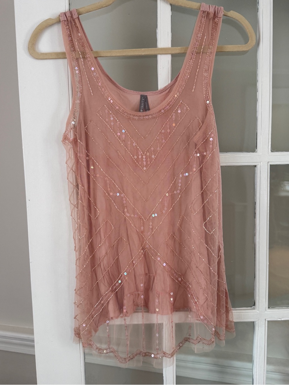 Y2K Vanity Sleeveless Sequin Mesh Tank Top - Dusty Rose